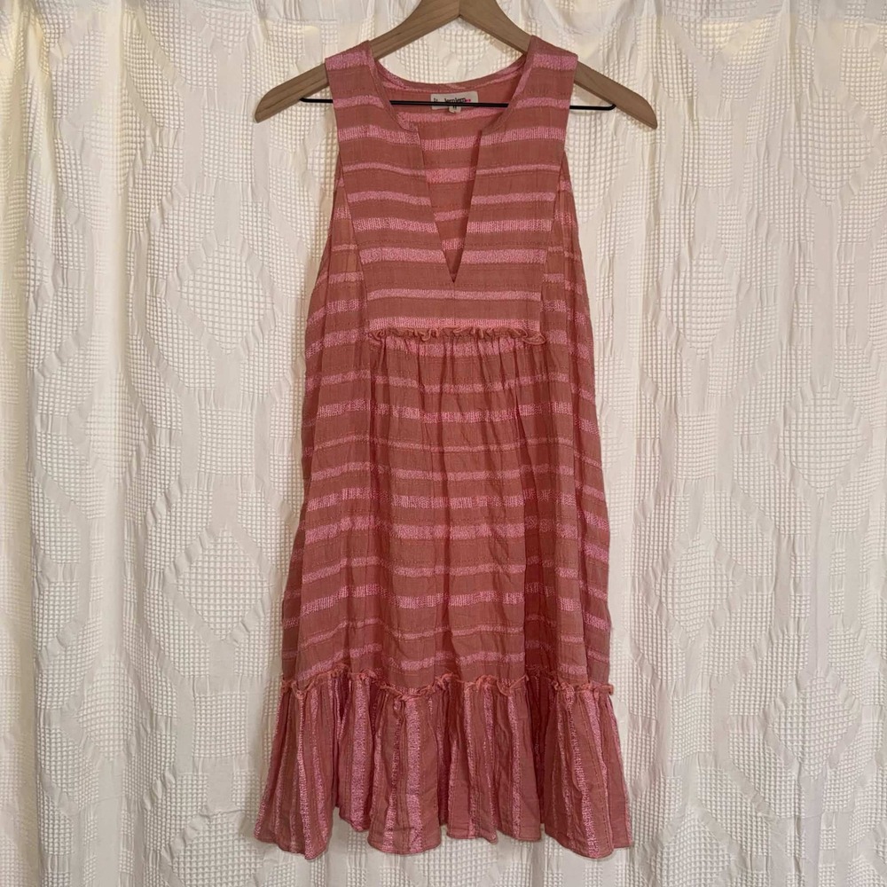 Lemlem Kenya Mini Dress Pink Striped Ruffle V-Neck Cotton Blend Sleeveless Small